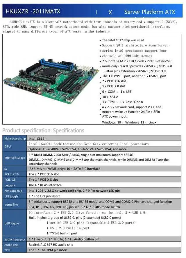 Alt view image 5 of 5 - HKUXZR X99 NAS Motherboard Slot 10xSATA 2*M.2_ NVME PCIE X16 x2 LGA2011-3 for NAS Router Sever 4x2.5GbE I226 DDR4 RAM Memory VGA Support Turbo PCIE 24 * 24cm