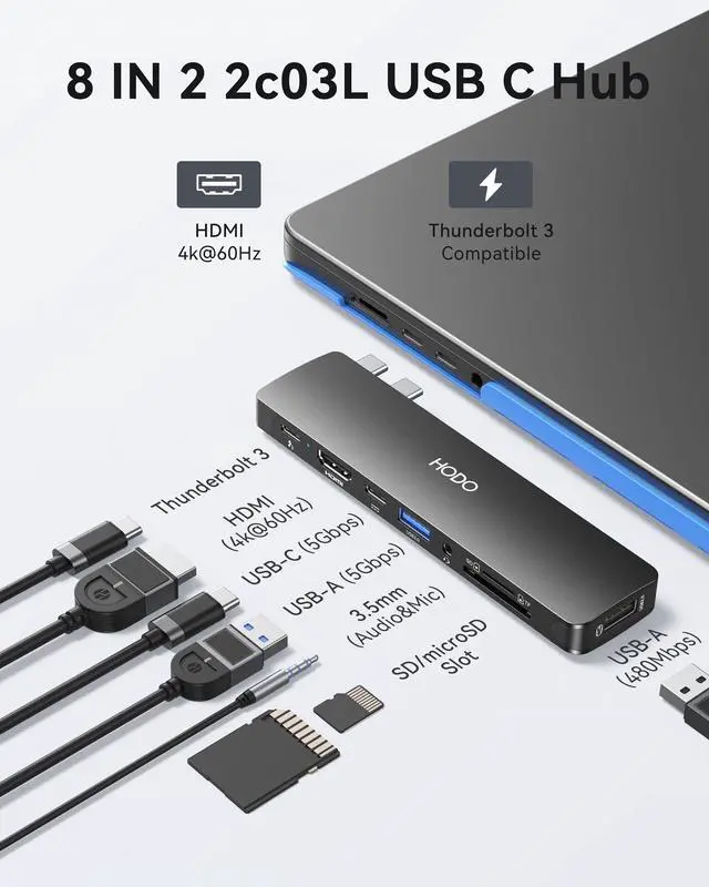 Alt view image 2 of 5 - USB C Adapter Hub for MacBook Pro Air 2025-2018, Mac Adapter Multiport for MacBook 13" 15" 16", Mac Accessories Hub 8 in 2 with HDMI Thunderbolt 3 USB-C USB 3.0 2.0 SD/TF Card Reader, Black