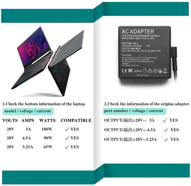 Alt view image 4 of 5 - 100W 65W USB C Charger for Asus ROG Ally X Z1 Ally Dock ROG Flow X13 Z13 GV301 GV302 GZ301 Vivobook S 14 15 16X 14X ZenBook 14 14X S13 Zephyrus G16 M16 G15 G14 S17 Duo 15 16 Strix G18 G16 Scar 16 18