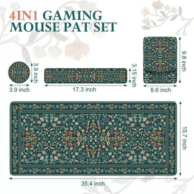 Alt view image 3 of 5 - iCasso Desk Mat with Wrist Rest,Large Desk Pad for Keyboard and Mouse,Ergonomic Mouse Pad Sets for Women,Non-Slip Wrist Pad for Keyboard,Floral Computer Mat for Home Office(Green)