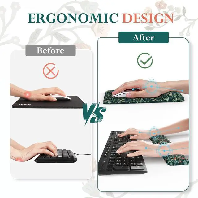 Alt view image 4 of 5 - iCasso Desk Mat with Wrist Rest,Large Desk Pad for Keyboard and Mouse,Ergonomic Mouse Pad Sets for Women,Non-Slip Wrist Pad for Keyboard,Floral Computer Mat for Home Office(Green)