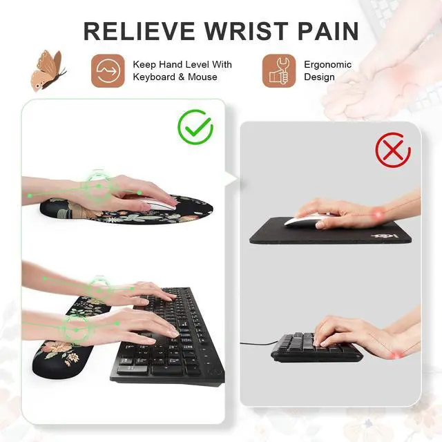 Alt view image 3 of 5 - iLeadon Floral Mouse Pad Sets, Desk Matt for Desktop, Mouse Pad with Wrist Support, Extra Large Desk Size Mouse Mat+Cup Coaster with Non-Slip Base for Women Home Office (Black)