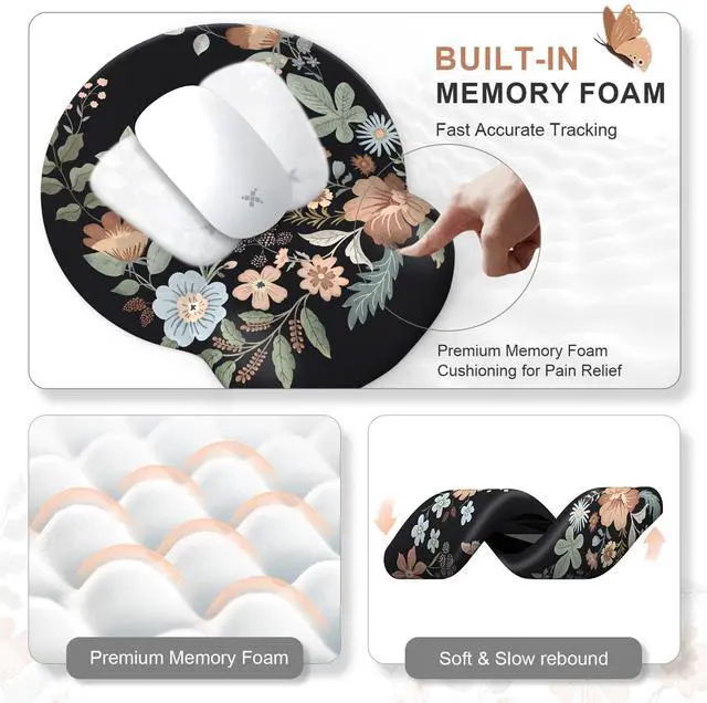 Alt view image 4 of 5 - iLeadon Floral Mouse Pad Sets, Desk Matt for Desktop, Mouse Pad with Wrist Support, Extra Large Desk Size Mouse Mat+Cup Coaster with Non-Slip Base for Women Home Office (Black)