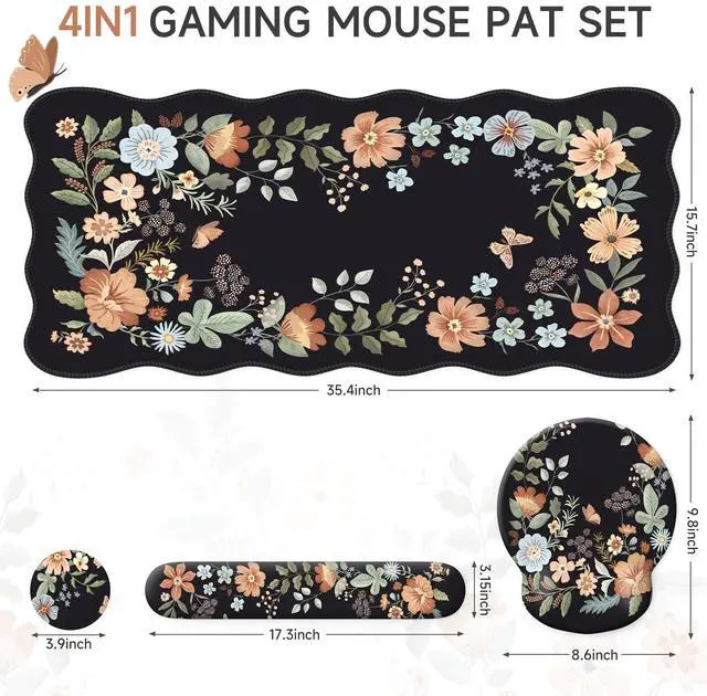 Alt view image 2 of 5 - iLeadon Floral Mouse Pad Sets, Desk Matt for Desktop, Mouse Pad with Wrist Support, Extra Large Desk Size Mouse Mat+Cup Coaster with Non-Slip Base for Women Home Office (Black)