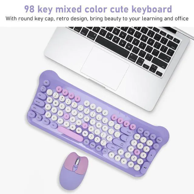 Alt view image 2 of 5 - Wireless Keyboard and Mouse Combo, Colorful Retro Typewriter Keyboard with Round Keycaps, Wireless Mouse and Keyboard for Computer Laptop (Purpl)