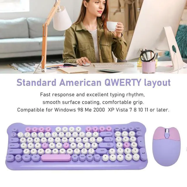Alt view image 4 of 5 - Wireless Keyboard and Mouse Combo, Colorful Retro Typewriter Keyboard with Round Keycaps, Wireless Mouse and Keyboard for Computer Laptop (Purpl)