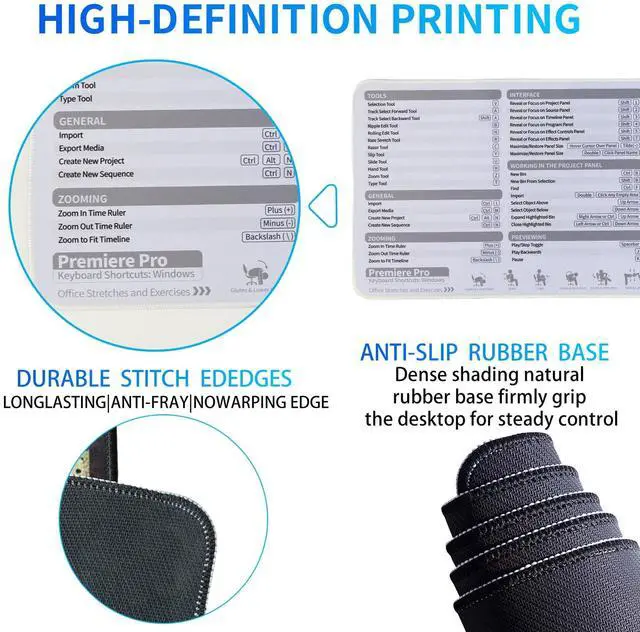 Alt view image 3 of 5 - Premiere Pro Shortcuts Mousepad, Adobe Premiere Keyboard Mouse Pad, Quick Reference Keyboard Shortcut Desk Mat for Video Eidting,Large Size,Waterproof, Non-Slip, Gifts for Friend