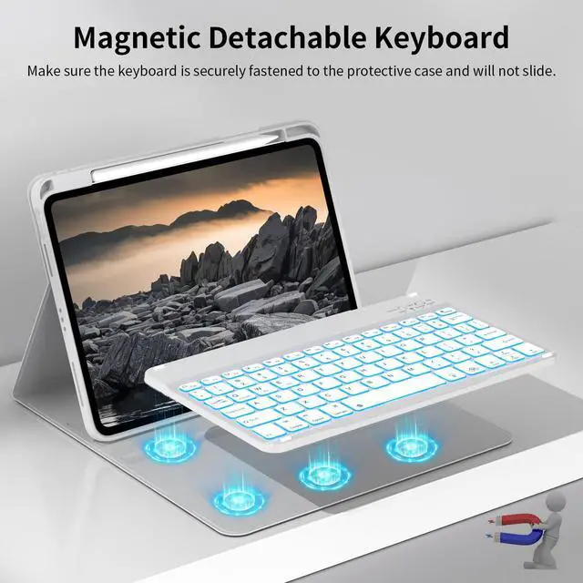 Alt view image 4 of 5 - JKSML Keyboard Case for iPad 11th 10th Generation 11/10.9 inch A16 2025/2022, 7 Colors Backlit, Detachable Wireless Keyboard for iPad 10th Gen, Built-in Pencil Holder, Auto Sleep/Wake, Gray