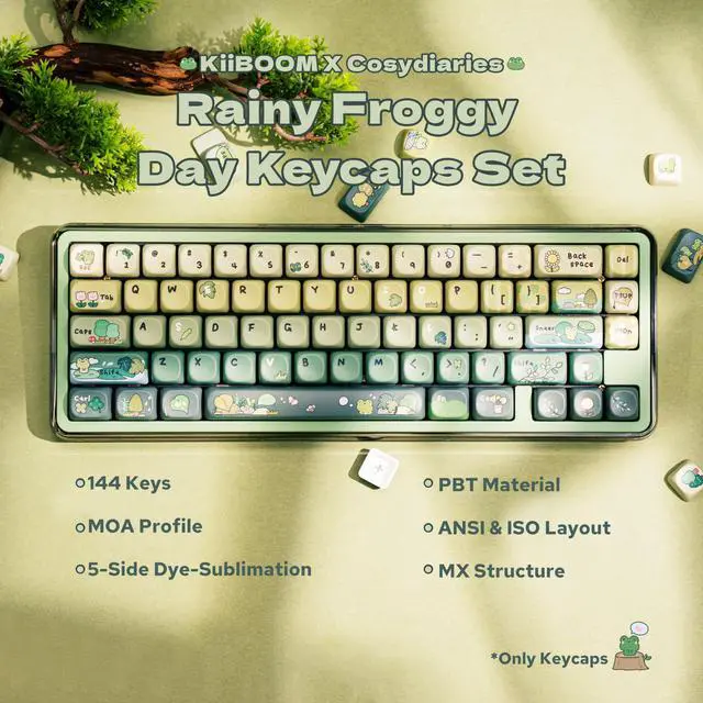 Alt view image 2 of 5 - KiiBoom X Cosydiaries Rainy Froggy Day Keycap Set, 144 Keys MOA Profile Keycaps, PBT Custom Keycaps for Mechanical Keyboard, Compatible with ANSI/ISO, 60%, 65%, 75%, TKL, Full-Sized Layout