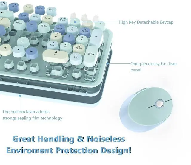 Alt view image 2 of 5 - Wireless Keyboard and Mice Combo,Retro Round Keys Full-Sized Cute Keyboard, 2.4Ghz Dropout-Free Connection and Optical Mouse for Windows, Mac, PC, Laptop, Desktop (Blue-Colorful)