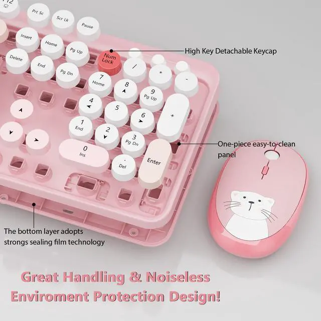 Alt view image 2 of 5 - Wireless Keyboard,KOOTOP Cute Colorful 104 Keys Typewriter Retro Round Keycaps Keyboard for PC Laptop,Desktop,Windows, Home and Office Keyboards (Pink)