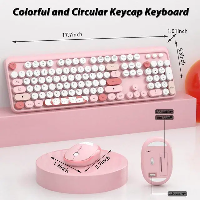 Alt view image 3 of 5 - Wireless Keyboard,KOOTOP Cute Colorful 104 Keys Typewriter Retro Round Keycaps Keyboard for PC Laptop,Desktop,Windows, Home and Office Keyboards (Pink)