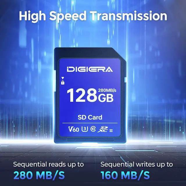 Alt view image 2 of 5 - DIGIERA 128GB LSU100 SDXC UHS-II Memory Card - up to 280MB/s, C10, U3, V60, 6K, SD Card for Computers, Digital Cameras, Home Theatre Devices, Car Navigation Systems (1 Pack)