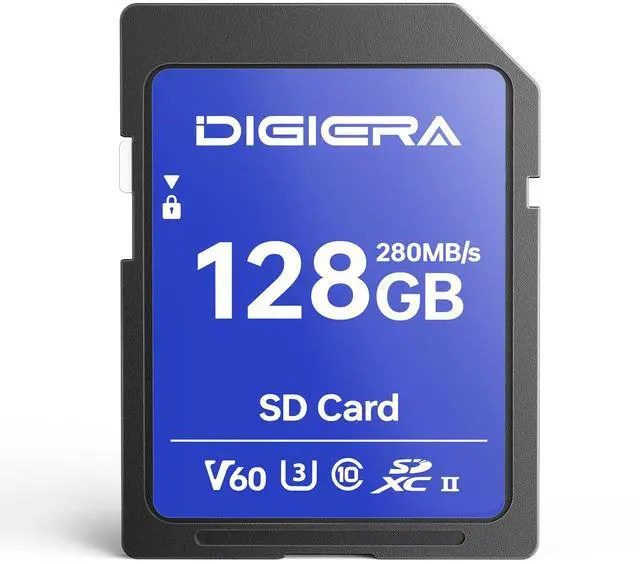 Main image of DIGIERA 128GB LSU100 SDXC UHS-II Memory Card - up to 280MB/s, C10, U3, V60, 6K, SD Card for Computers, Digital Cameras, Home Theatre Devices, Car Navigation Systems (1 Pack)