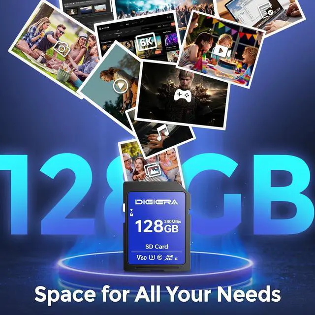 Alt view image 3 of 5 - DIGIERA 128GB LSU100 SDXC UHS-II Memory Card - up to 280MB/s, C10, U3, V60, 6K, SD Card for Computers, Digital Cameras, Home Theatre Devices, Car Navigation Systems (1 Pack)