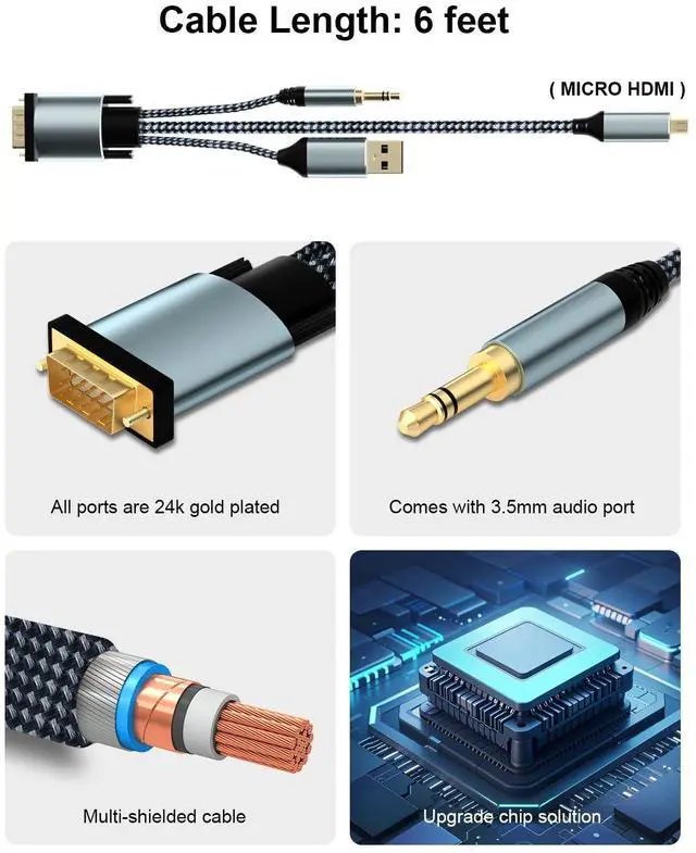 Alt view image 5 of 5 - VGA to Micro HDMI Cable 6FT, Uni-Directional VGA to Micro HDMI(Male to Male) Compatible for Computer, Desktop, Laptop, PC, Monitor, Projector, HDTV, Roku, Xbox and More