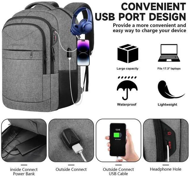 Alt view image 2 of 5 - Lapsouno Extra Large Laptop Backpack, 17 Inch Carry on Travel Backpack, Anti-Theft College School Computer Bag with USB Port, Gift for Men Women, Grey