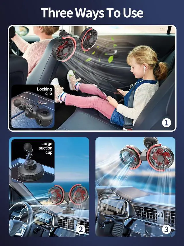 Alt view image 2 of 5 - Car Fan for Backseat for Kids 360deg Rotatable Dual Head USB Powered Car Fans that Blow Cold Air 3 Speed Wind Desk Fan Low Noise with Locking Clip Suction Cup for Vehicles SUV RV Truck 5V/2A