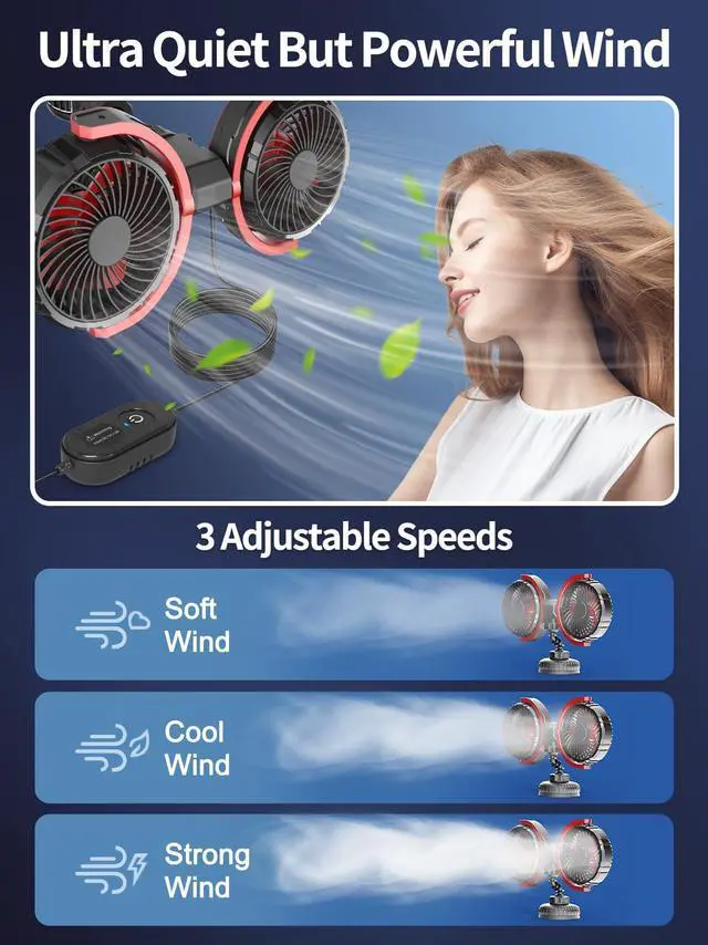Alt view image 3 of 5 - Car Fan for Backseat for Kids 360deg Rotatable Dual Head USB Powered Car Fans that Blow Cold Air 3 Speed Wind Desk Fan Low Noise with Locking Clip Suction Cup for Vehicles SUV RV Truck 5V/2A
