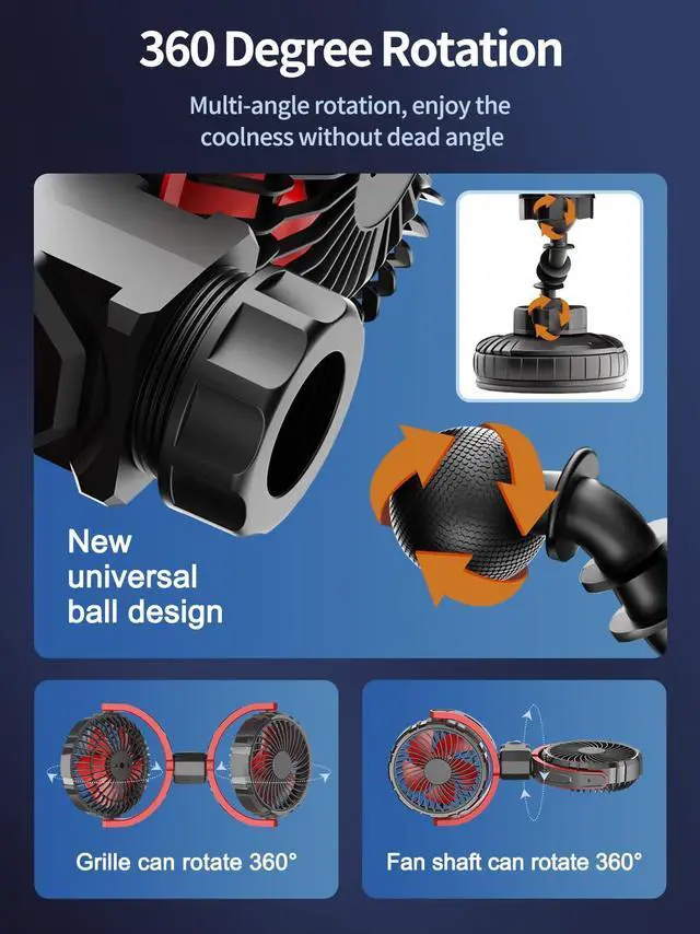 Alt view image 4 of 5 - Car Fan for Backseat for Kids 360deg Rotatable Dual Head USB Powered Car Fans that Blow Cold Air 3 Speed Wind Desk Fan Low Noise with Locking Clip Suction Cup for Vehicles SUV RV Truck 5V/2A