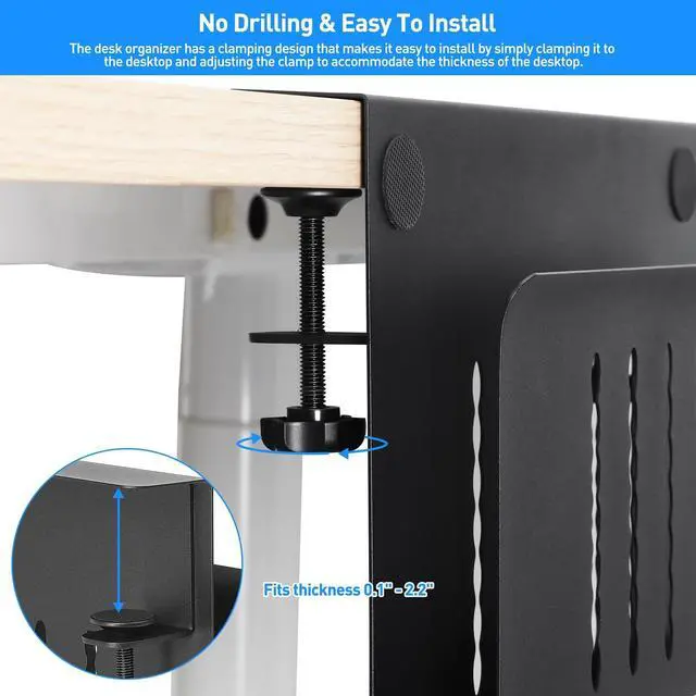 Alt view image 2 of 5 - MAXECHO Desk Side Storage, Under Desk Laptop Mount, Table Side Hanging File Organizer, No Drill Clamp On Cable Management Tray, Laptop Holder with Magnetic Pen Holder for Office and Home, Load 22 Lbs