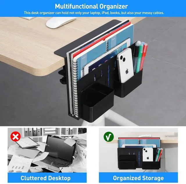 Alt view image 3 of 5 - MAXECHO Desk Side Storage, Under Desk Laptop Mount, Table Side Hanging File Organizer, No Drill Clamp On Cable Management Tray, Laptop Holder with Magnetic Pen Holder for Office and Home, Load 22 Lbs