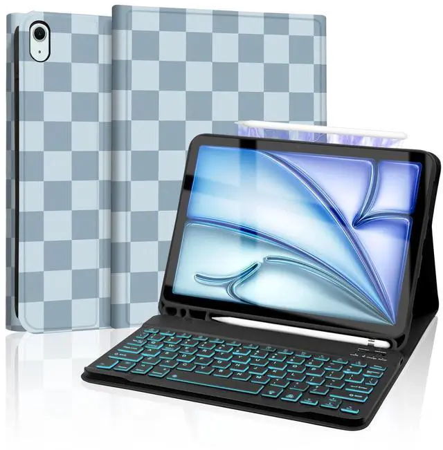 Main image of Mewealth for iPad Air 11-inch (M3/M2-2025/2024) Case with Keyboard, Backlights LED Wireless Keyboard Cover with Pencil Holder for Air 10.9 Inch (5th/4th-2022/2020), Checkered Plaid Blue-Light Blue