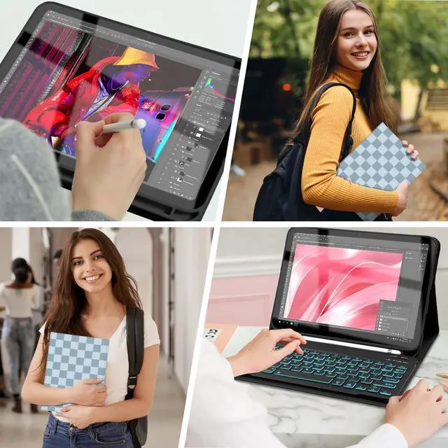 Alt view image 4 of 5 - Mewealth for iPad Air 11-inch (M3/M2-2025/2024) Case with Keyboard, Backlights LED Wireless Keyboard Cover with Pencil Holder for Air 10.9 Inch (5th/4th-2022/2020), Checkered Plaid Blue-Light Blue