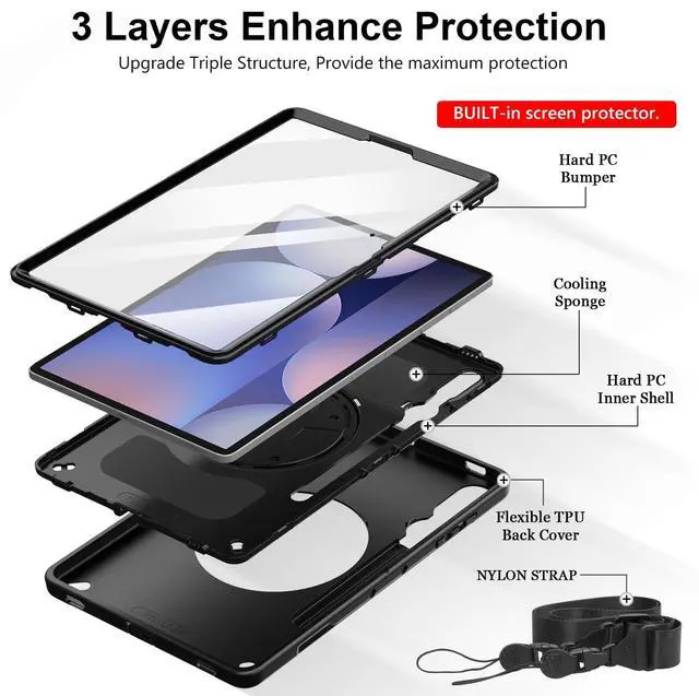 Alt view image 5 of 5 - Case for Galaxy Tab S10 Plus/S9 FE Plus/S9 Plus 12.4 INCH: TPU Cover for Samsung Tablet Tab S10+/S9 FE+/S9 + 12.4" 5G W/Screen Protector - Stand- Handle- Shoulder Strap- S-Pen Holder- Black
