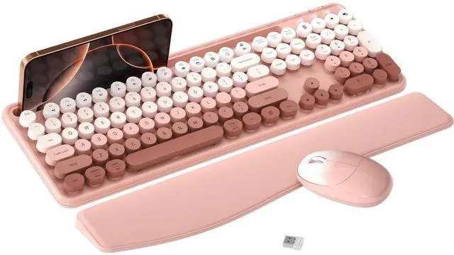 Main image of MPTOG Colorful Wireless Computer Keyboard and Mouse Combo with Phone Holder, Wrist Rest, Typewriter Keys, 2.4GHz Wireless, Full-Sized Optical Mouse for PC and Laptop(Peach Colorful)