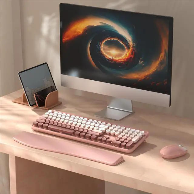 Alt view image 2 of 5 - MPTOG Colorful Wireless Computer Keyboard and Mouse Combo with Phone Holder, Wrist Rest, Typewriter Keys, 2.4GHz Wireless, Full-Sized Optical Mouse for PC and Laptop(Peach Colorful)