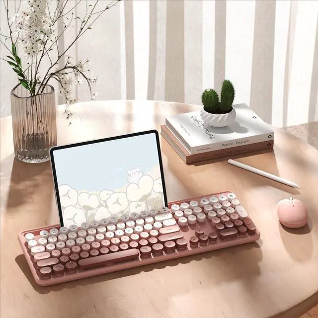 Alt view image 3 of 5 - MPTOG Colorful Wireless Computer Keyboard and Mouse Combo with Phone Holder, Wrist Rest, Typewriter Keys, 2.4GHz Wireless, Full-Sized Optical Mouse for PC and Laptop(Peach Colorful)