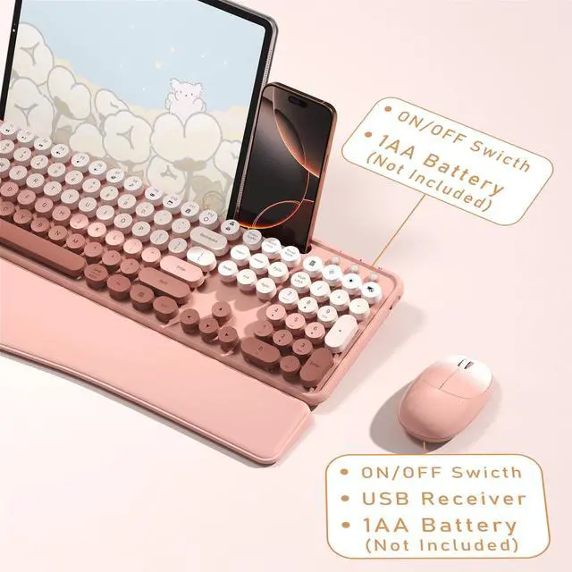 Alt view image 5 of 5 - MPTOG Colorful Wireless Computer Keyboard and Mouse Combo with Phone Holder, Wrist Rest, Typewriter Keys, 2.4GHz Wireless, Full-Sized Optical Mouse for PC and Laptop(Peach Colorful)