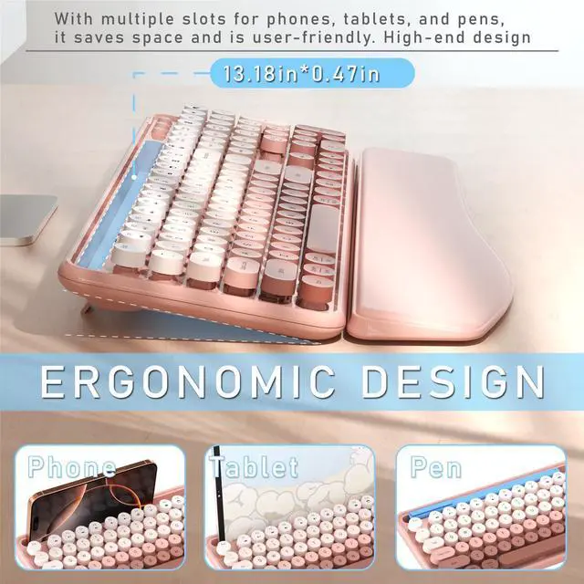 Alt view image 4 of 5 - MPTOG Colorful Wireless Computer Keyboard and Mouse Combo with Phone Holder, Wrist Rest, Typewriter Keys, 2.4GHz Wireless, Full-Sized Optical Mouse for PC and Laptop(Peach Colorful)