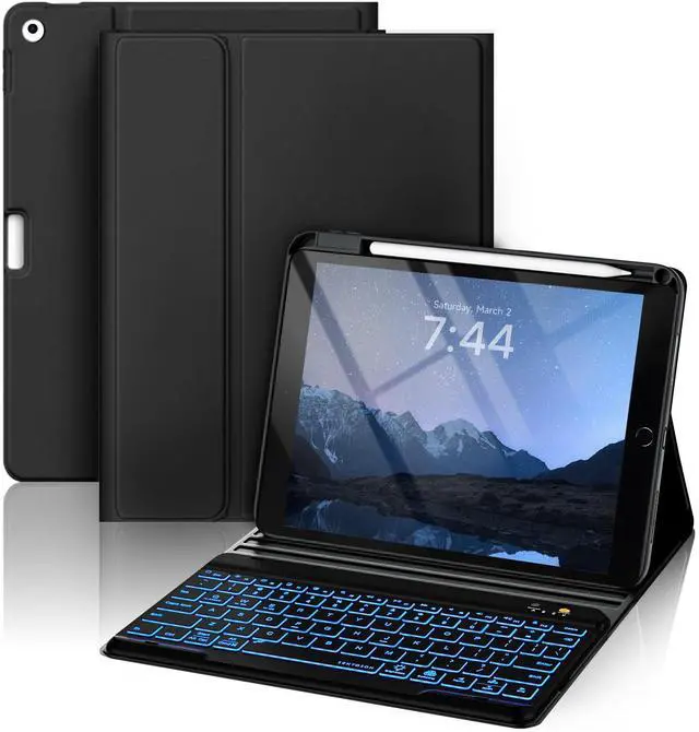 Main image of OYEEICE Keyboard case for iPad 9.7 inch, iPad 6th Gen (2018), iPad 5th Gen (2017), iPad Air 2 (2014) - 7 Color Backlit Wireless Keyboard with Pencil Holder for iPad 6th/5th Pro 9.7'' Air 2/1 - Black