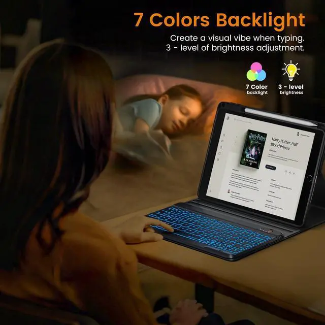 Alt view image 4 of 5 - OYEEICE Keyboard case for iPad 9.7 inch, iPad 6th Gen (2018), iPad 5th Gen (2017), iPad Air 2 (2014) - 7 Color Backlit Wireless Keyboard with Pencil Holder for iPad 6th/5th Pro 9.7'' Air 2/1 - Black
