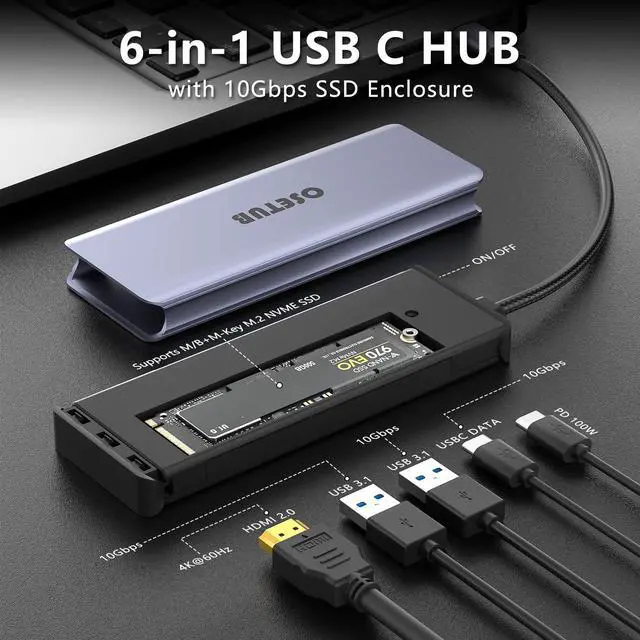 Alt view image 2 of 5 - USB C Hub M.2 NVMe SSD Enclosure, 6 in 1 USB C Hub Multiport Adapter Fits PCIe 3.0 NVMe M.2 SSD, with 4K/60Hz HDMI,10Gbps USB 3.1 Gen2(2 Ports),10Gbps USB-C,100W PD Compatible with MacBook Pro
