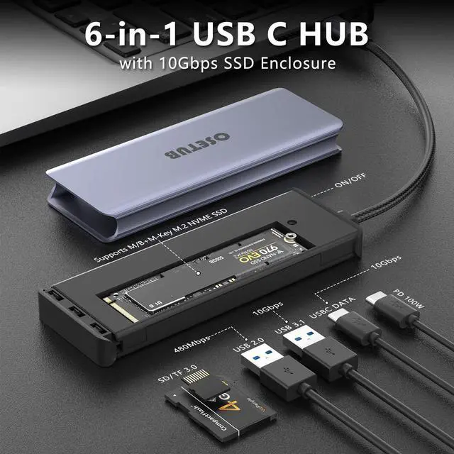 Alt view image 2 of 5 - USB C Hub M.2 NVMe SSD Enclosure, 7 in 1 USB C Hub Multiport Adapter Fits PCIe 3.0 NVMe M.2 SSD, with 10Gbps 3.1 Gen2,10Gbps USB-C,100W PD,USB 2.0 Compatible with MacBook Pro and Type-C Devices