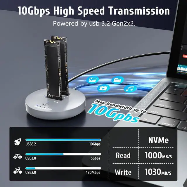 Alt view image 2 of 5 - M.2 NVMe SSD Cloner Dock,10Gbps Dual-Bay NVMe to USB Enclosure,Supports Offline Clone,UASP,USB 3.2 Gen 2 SSD Enclosure Adapter,M.2 Docking Station for SSDs Size 2230/2242/2260/2280/22110,Support 2x8TB