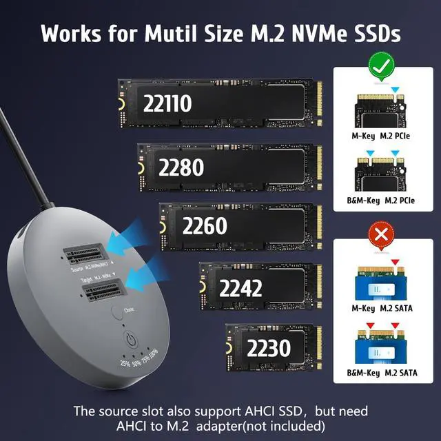 Alt view image 4 of 5 - M.2 NVMe SSD Cloner Dock,10Gbps Dual-Bay NVMe to USB Enclosure,Supports Offline Clone,UASP,USB 3.2 Gen 2 SSD Enclosure Adapter,M.2 Docking Station for SSDs Size 2230/2242/2260/2280/22110,Support 2x8TB