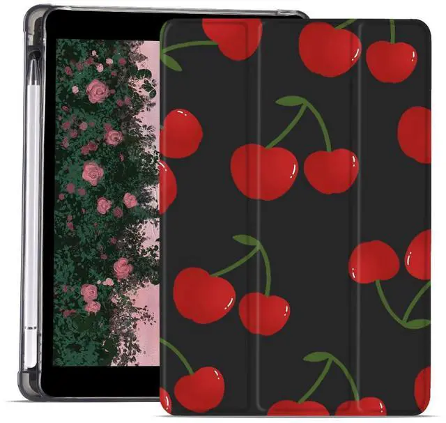 Main image of JOYLAND Red Cherry Girly Pad Case for 10.9 Inch iPad 2022/10th Generation with Pencil Holder, Auto Wake/Sleep Protective Case, Black Leather Clear TPU Trifold Stand Smart Case
