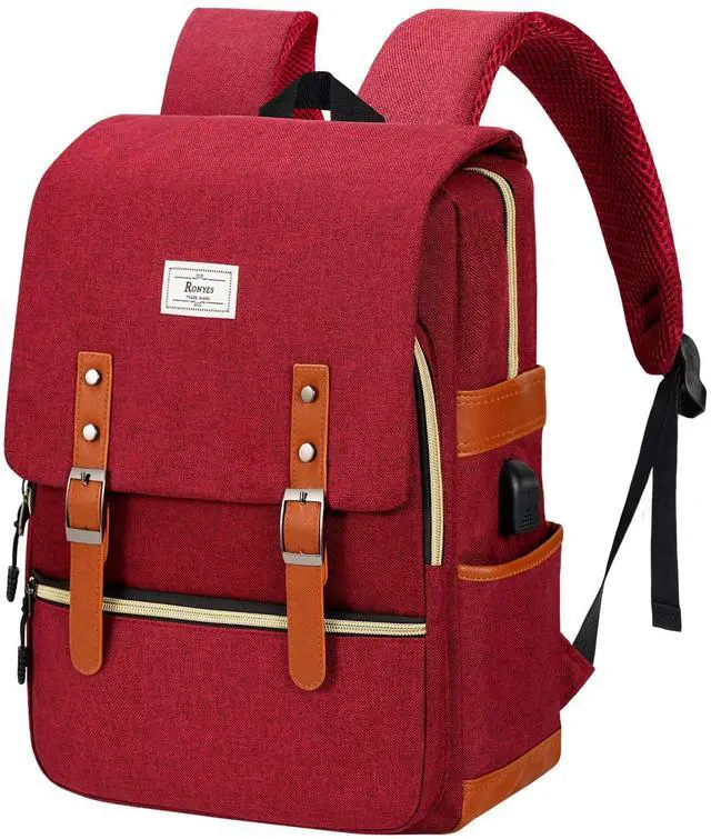 Main image of Ronyes Vintage Laptop Backpack for Women Men,15.6 inch Bookbag Casual Daypack with USB Charging Port for College Work, Red Backpacks