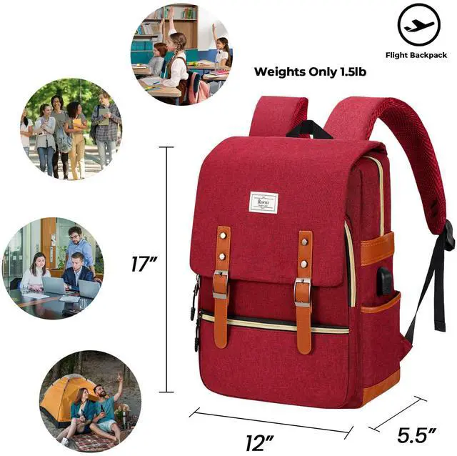 Alt view image 2 of 5 - Ronyes Vintage Laptop Backpack for Women Men,15.6 inch Bookbag Casual Daypack with USB Charging Port for College Work, Red Backpacks