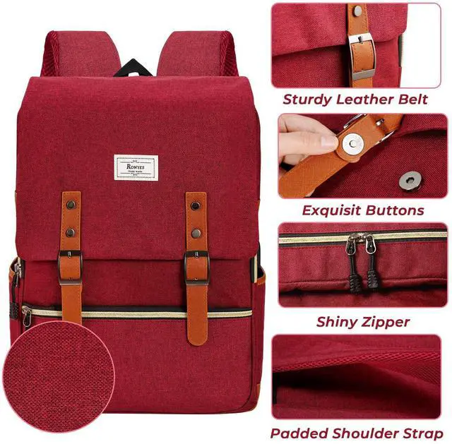 Alt view image 4 of 5 - Ronyes Vintage Laptop Backpack for Women Men,15.6 inch Bookbag Casual Daypack with USB Charging Port for College Work, Red Backpacks