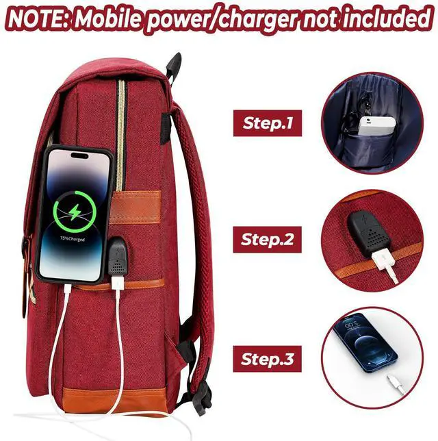 Alt view image 3 of 5 - Ronyes Vintage Laptop Backpack for Women Men,15.6 inch Bookbag Casual Daypack with USB Charging Port for College Work, Red Backpacks
