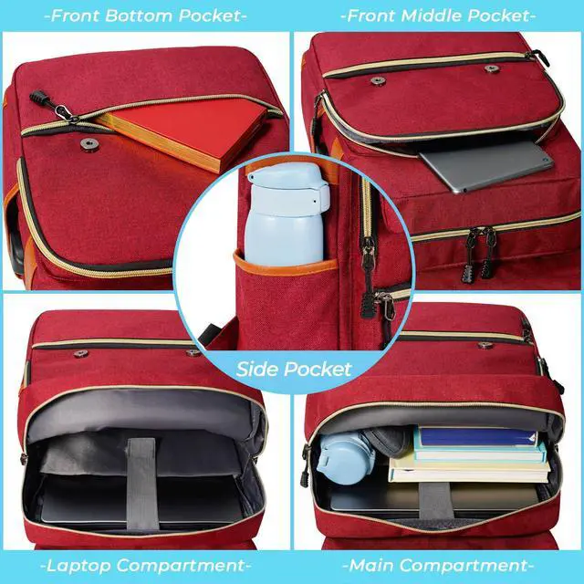 Alt view image 5 of 5 - Ronyes Vintage Laptop Backpack for Women Men,15.6 inch Bookbag Casual Daypack with USB Charging Port for College Work, Red Backpacks