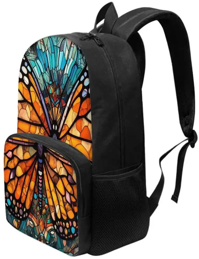 Alt view image 3 of 5 - Rivatimrio Stained Glass Butterflies Backpacks Outdoor Travel Lightweight Cute Monarch Butterfly Bookbag Girls Boys Teenagers Laptop Compartments School Bag Orange Blue