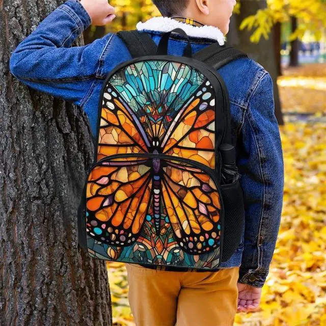 Alt view image 4 of 5 - Rivatimrio Stained Glass Butterflies Backpacks Outdoor Travel Lightweight Cute Monarch Butterfly Bookbag Girls Boys Teenagers Laptop Compartments School Bag Orange Blue
