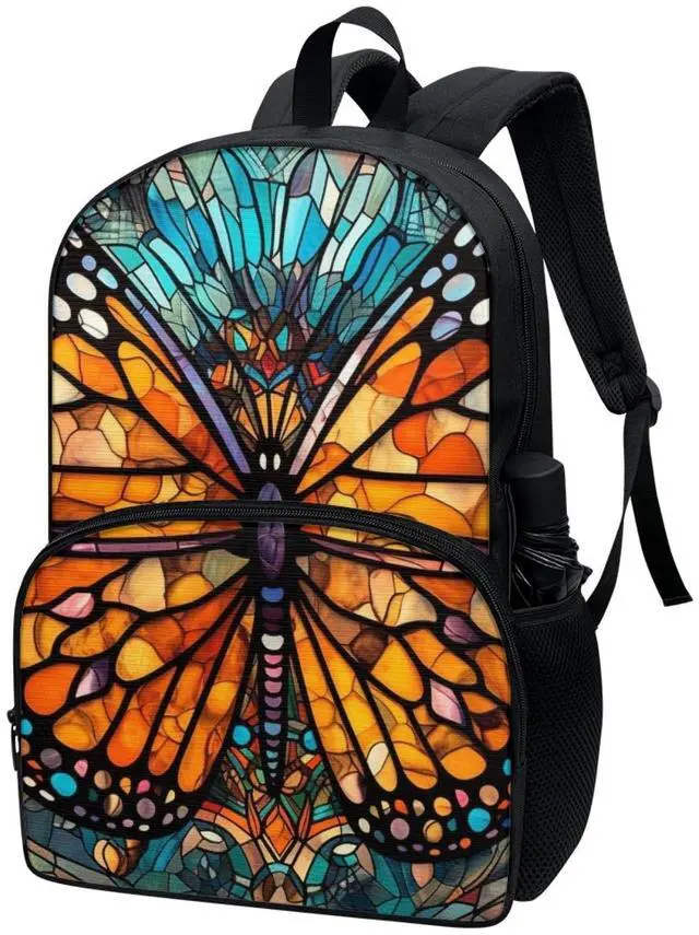 Alt view image 2 of 5 - Rivatimrio Stained Glass Butterflies Backpacks Outdoor Travel Lightweight Cute Monarch Butterfly Bookbag Girls Boys Teenagers Laptop Compartments School Bag Orange Blue