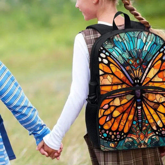 Alt view image 5 of 5 - Rivatimrio Stained Glass Butterflies Backpacks Outdoor Travel Lightweight Cute Monarch Butterfly Bookbag Girls Boys Teenagers Laptop Compartments School Bag Orange Blue